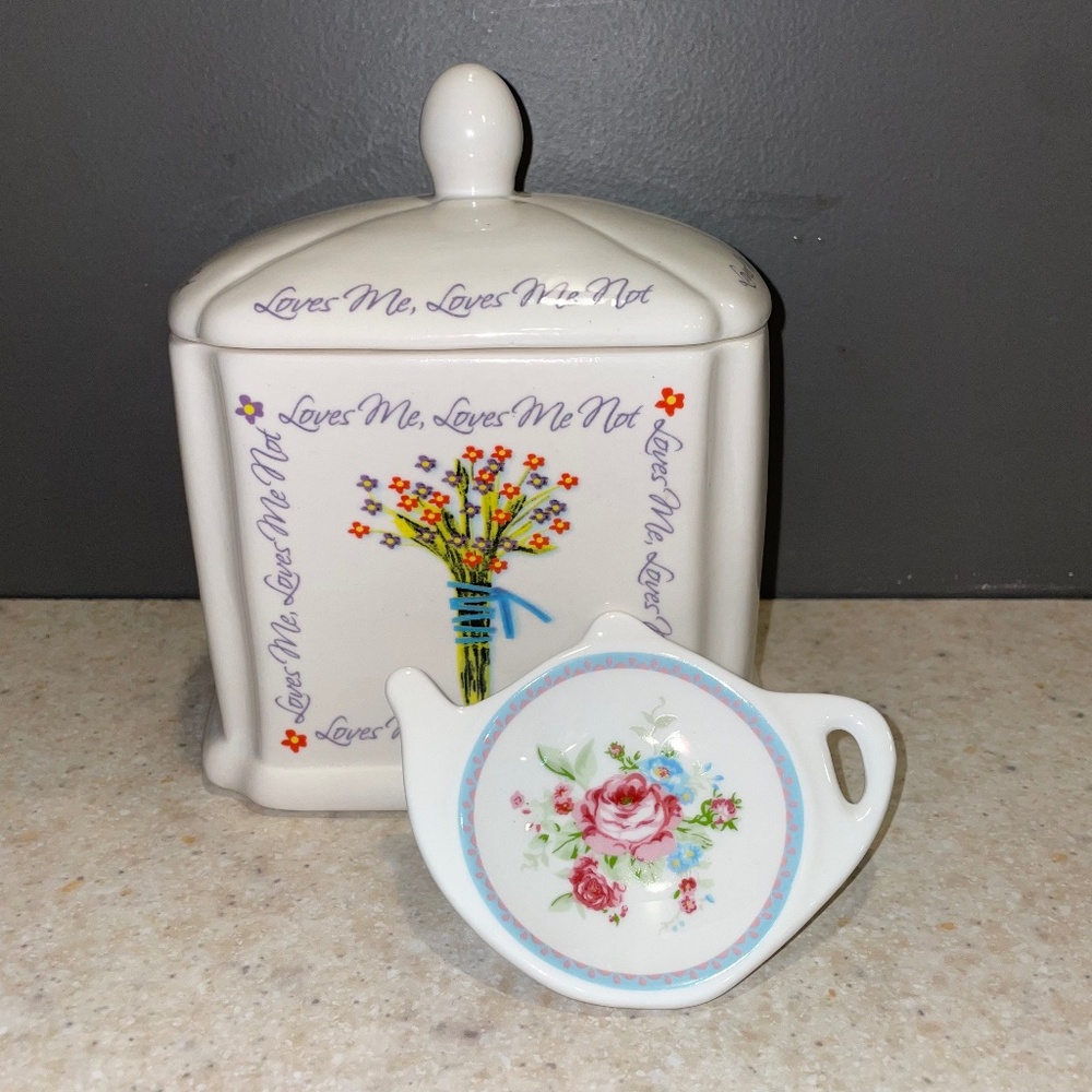 Tea Caddy Biscuit Box Jar Porcelain with Tea Bag Strainer Holder Shabby Chic